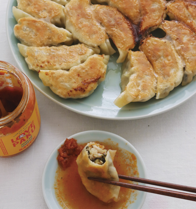 からし明太子高菜で、餃子。